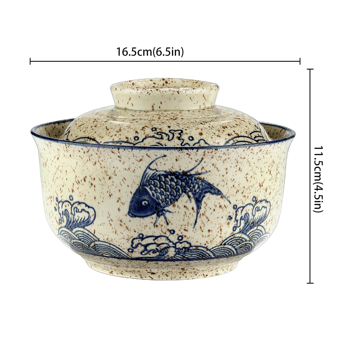 Ramen Bowl, DV 25 OZ Microwavable Japanese Korean Ramen Soup Bowl with Lid, Blue Fish and Wave Design