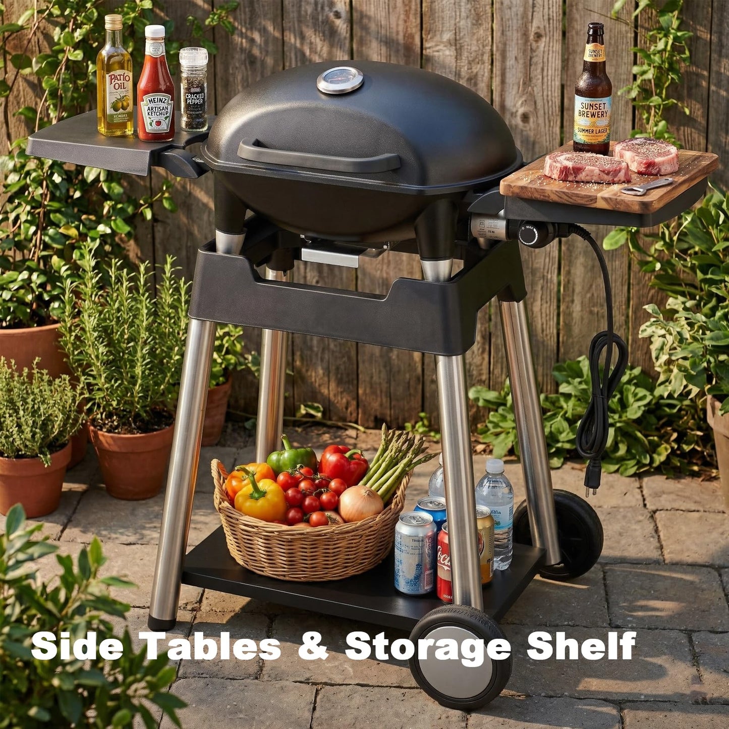 THERMORA Electric Grill Outdoor Grill, 1500W Power, 277 Sq.In Cooking Area, Removable Wheeled Cart Style, Indoor/Outdoor Eletric Grill, Nonstick Grill Grate, Built-In Thermometer BBQ Grill