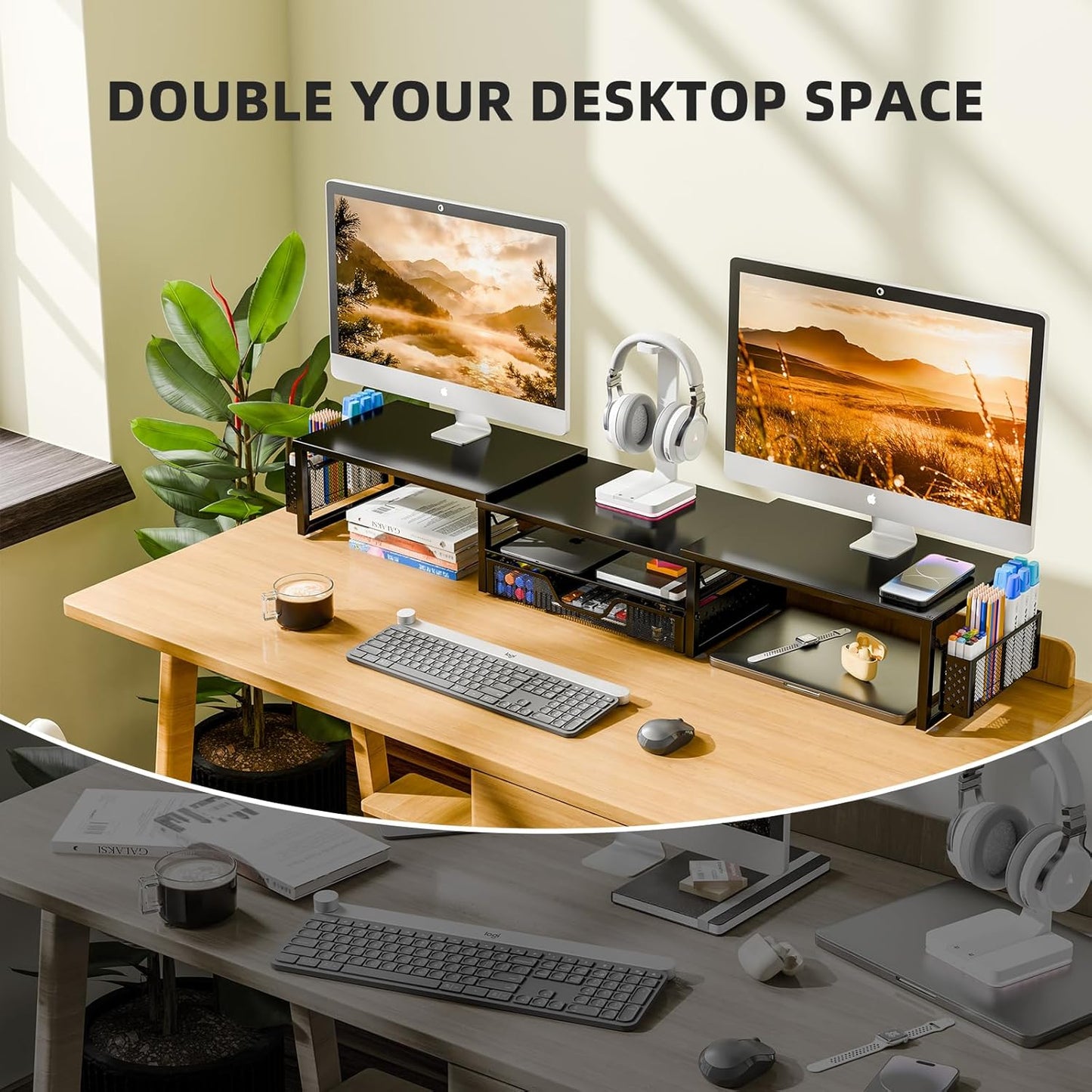 2 Simple Trending Desk Organizers and Accessories, Dual Monitor Stand Riser with Drawer and Pen Holder, Shelf for Top