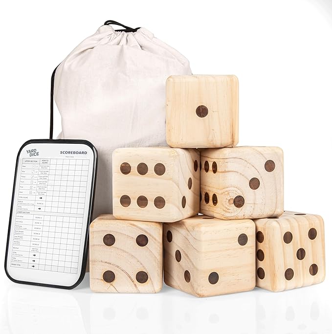 Barcaloo Yardzee Outdoor Family Games, Six 3.5" Giant Wooden Dice Games for Families (Unstained)