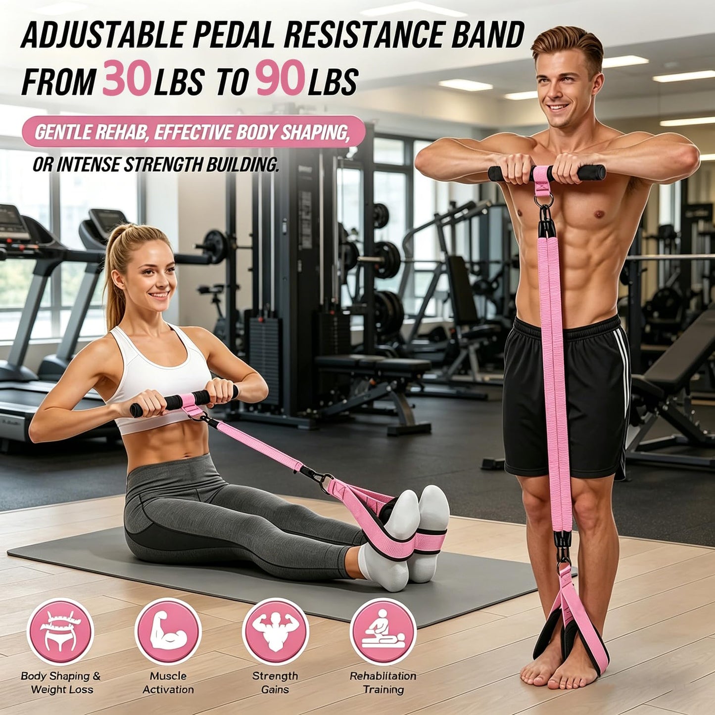 Multifunction Pedal Resistance Band with Handle, 3 Tube Adjustable 30LB Foot Pedal Puller Resistance Bands for Abdomen, Waist,Core/ABS, Arm,Leg,Extended Length Tension Rope for Women Workout Home Gym