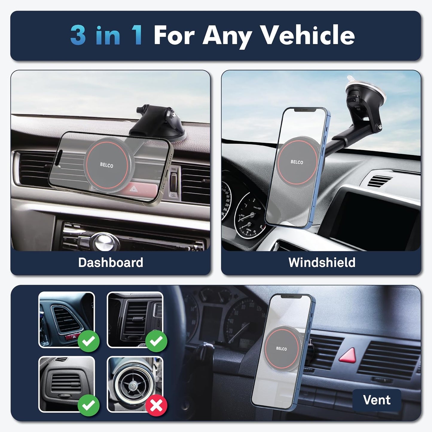 BELCO Magnetic Phone Holder for Car Suction Cup Phone Mount with Adjustable Rotating Arm and Lock Mechanism