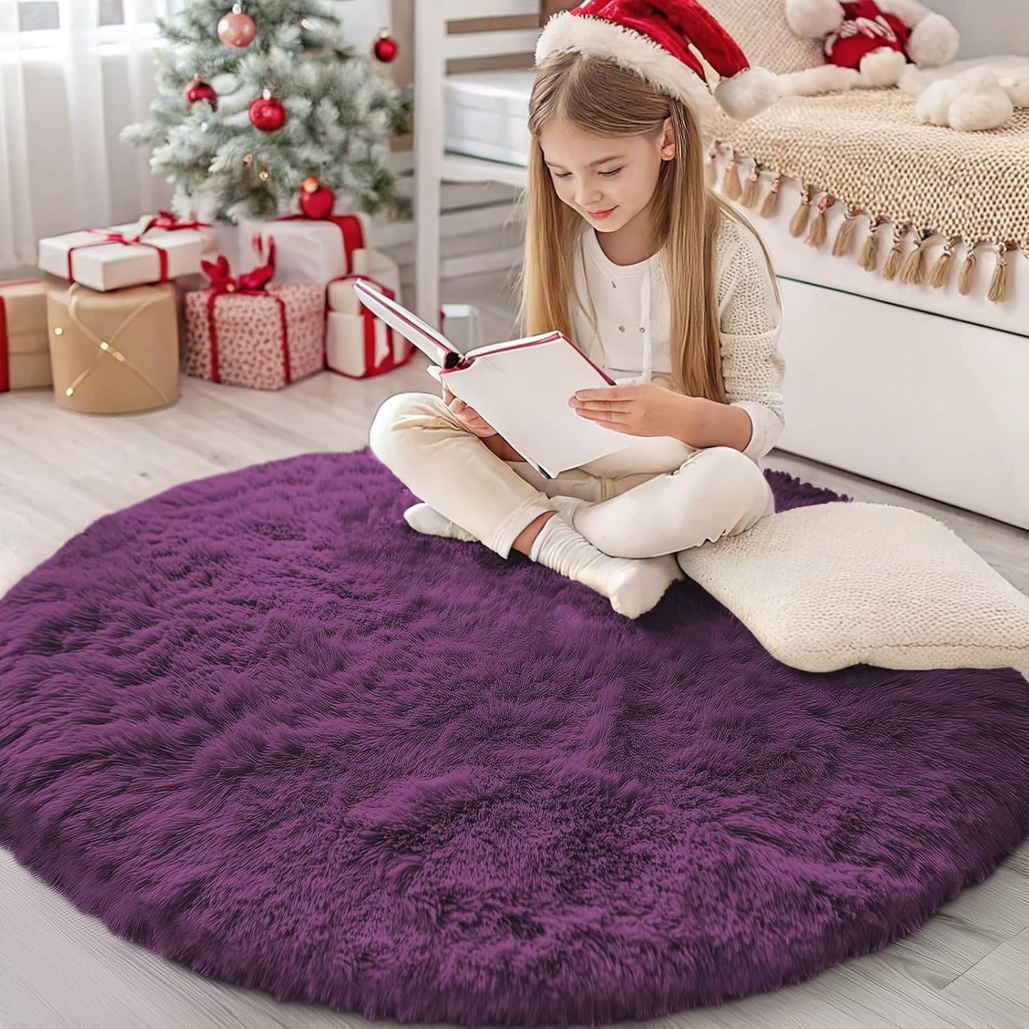 OLANLY Dark Purple Round Rug - Soft & Fluffy 4 ft Machine Washable Area Rug for Bedroom & Living Room Decor