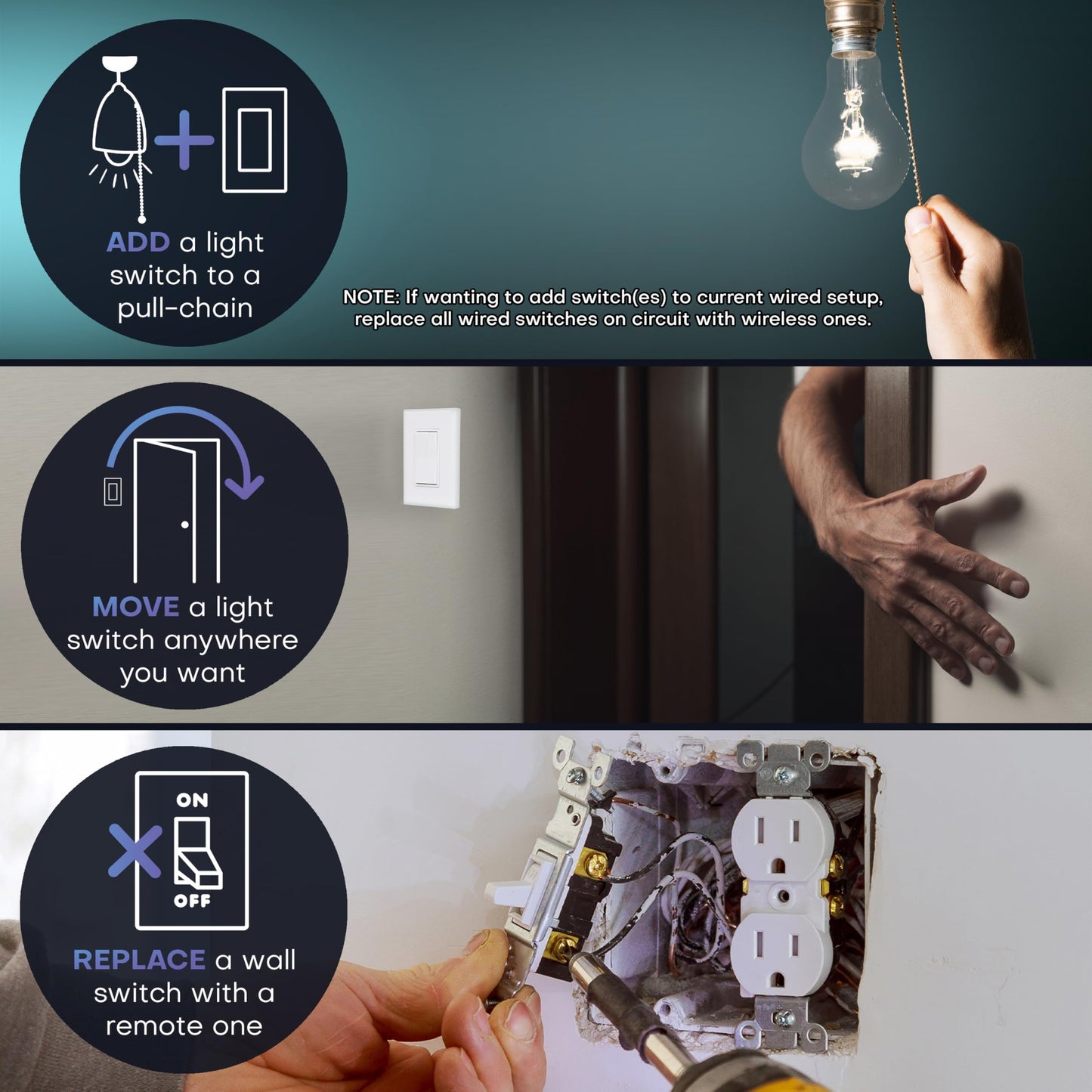 RunLessWire Single Pole Battery-Free DIY Wireless Light Switch Kit 150ft RF Range Self-Powered by Kinetic Energy for Fixtures & Outlets : 1 Remote Switch Controls 1 5A On/Off Receiver White