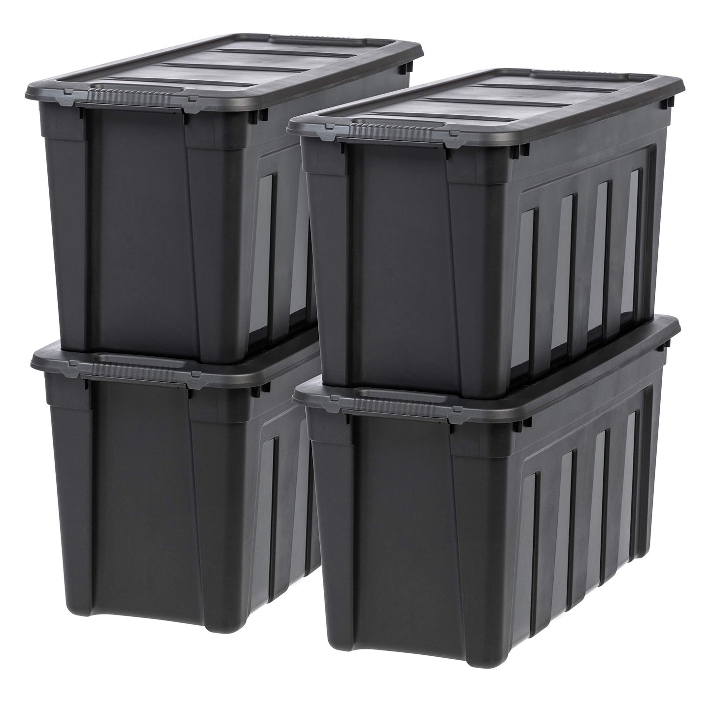 IRIS USA 31 Gallon Heavy Duty Storage Totes with Easy-Grip Handles, 4 Pack - Large Bins with Lids Garage Organizing Tubs, Durable Stackable Utility Containers, Made in USA - Black
