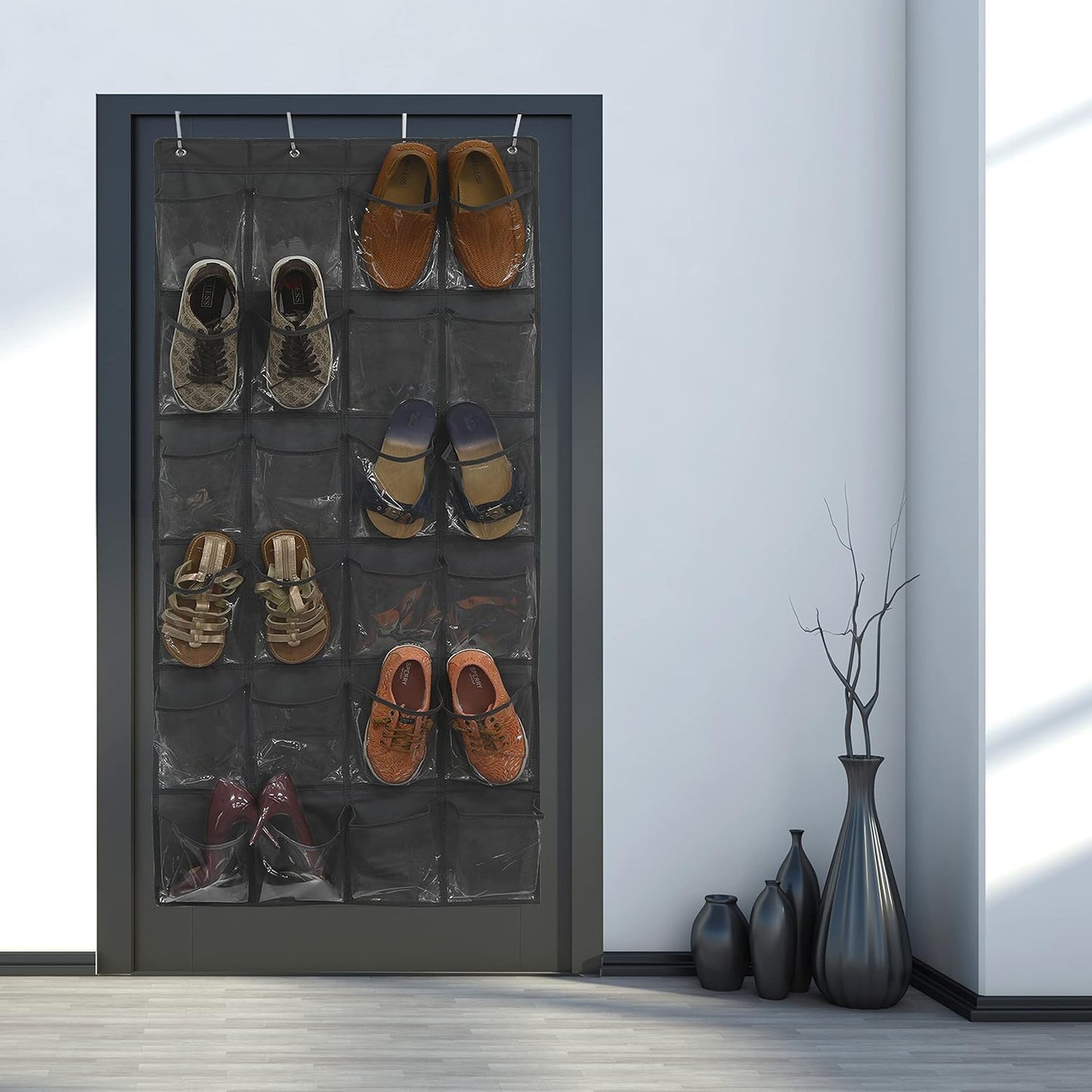 Simple Houseware 24-Pocket Over The Door Hanging Shoe Organizer - Large Clear Pockets, Dark Gray (56" x 22.5")