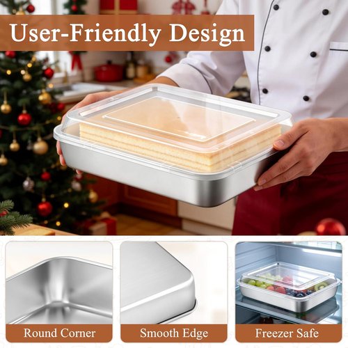 LIANYU Stainless Steel Baking Pan Set - 2 Pack Rectangle Sheet Cake Pans with Lids, 12⅓ x 9¾ x 2 Inch, Non-Toxic & Dishwasher Safe