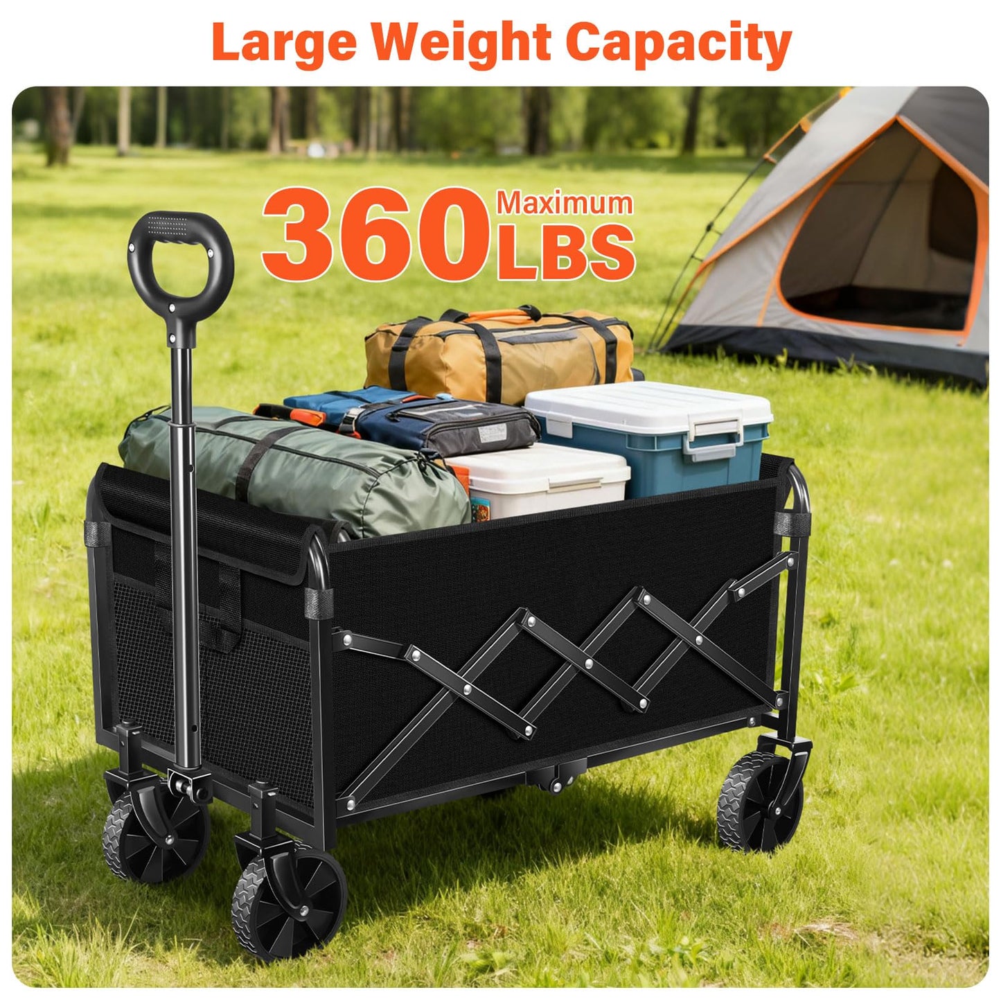 Wagons Carts Foldable - Portable Folding Collapsible Wagons with Wheels - Heavy Duty Utility Carts for Groceries, Shopping, Camping, Sports, Garden，Beach - Black
