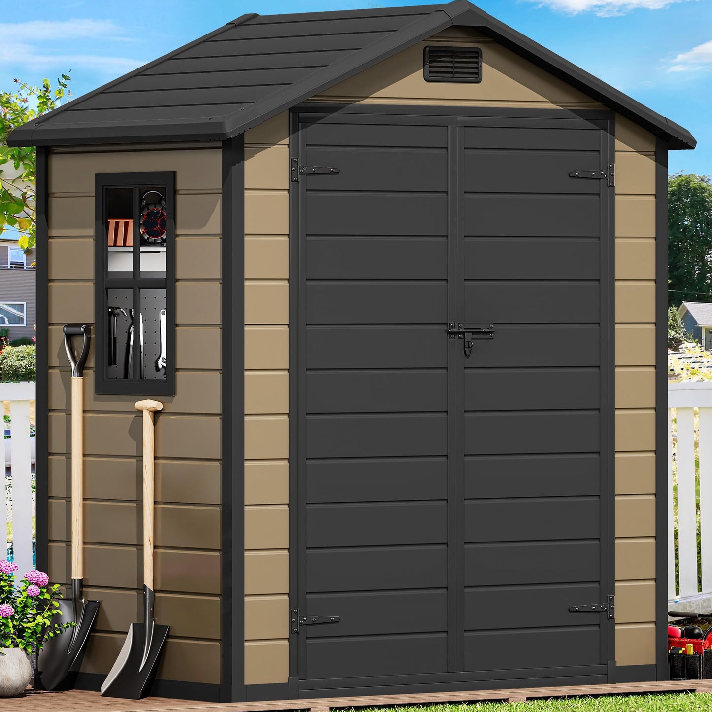 DWVO 6x4 FT Resin Storage Shed with Floor, Outdoor Storage Shed with Lockable Door, Window and Vents, Waterproof Plastic Tool Storage for Garden, Backyard, Patio, Lawn, Brown