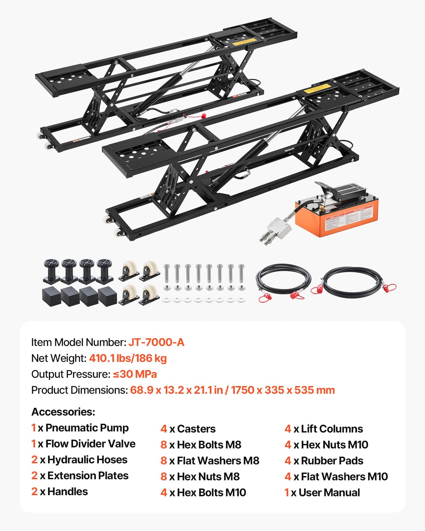 VEVOR Portable Car Lift, 7000 lbs Capacity, Heavy Duty Steel Truck Lift with 26.8" Max Height, Pneumatic Pump, Wheels, 4 Rubber Pads & 4 Lifting Columns for Cars, SUVs, Trucks, Home Garage or Shop Use