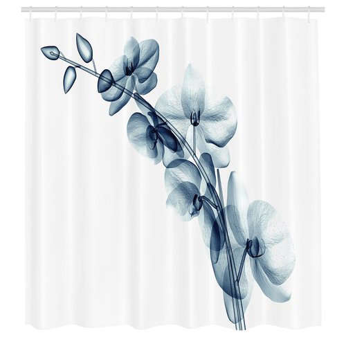 Ambesonne Flower Shower Curtain, Contemporary X-ray Illustration of Orchide Flower Unseen Nature Picture, Cloth Fabric Bathroom Decor Set with Hooks, 69" W x 70" L, White Teal