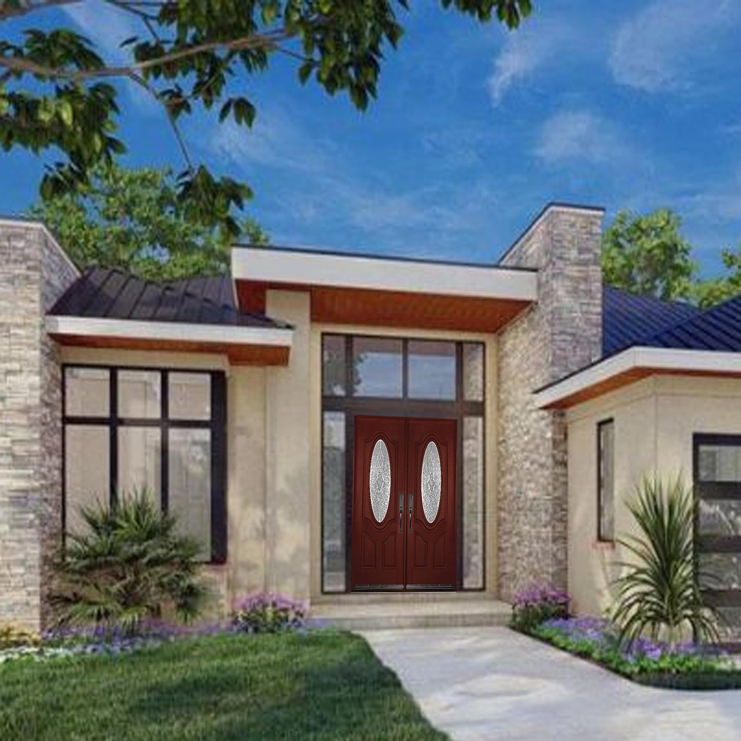 BGW Doors Mahogany Finish Fiberglass Double Front Entry Door with Oval Glass, Prehung Pre-Finished Exterior Door, Left Inswing, 30x30x80