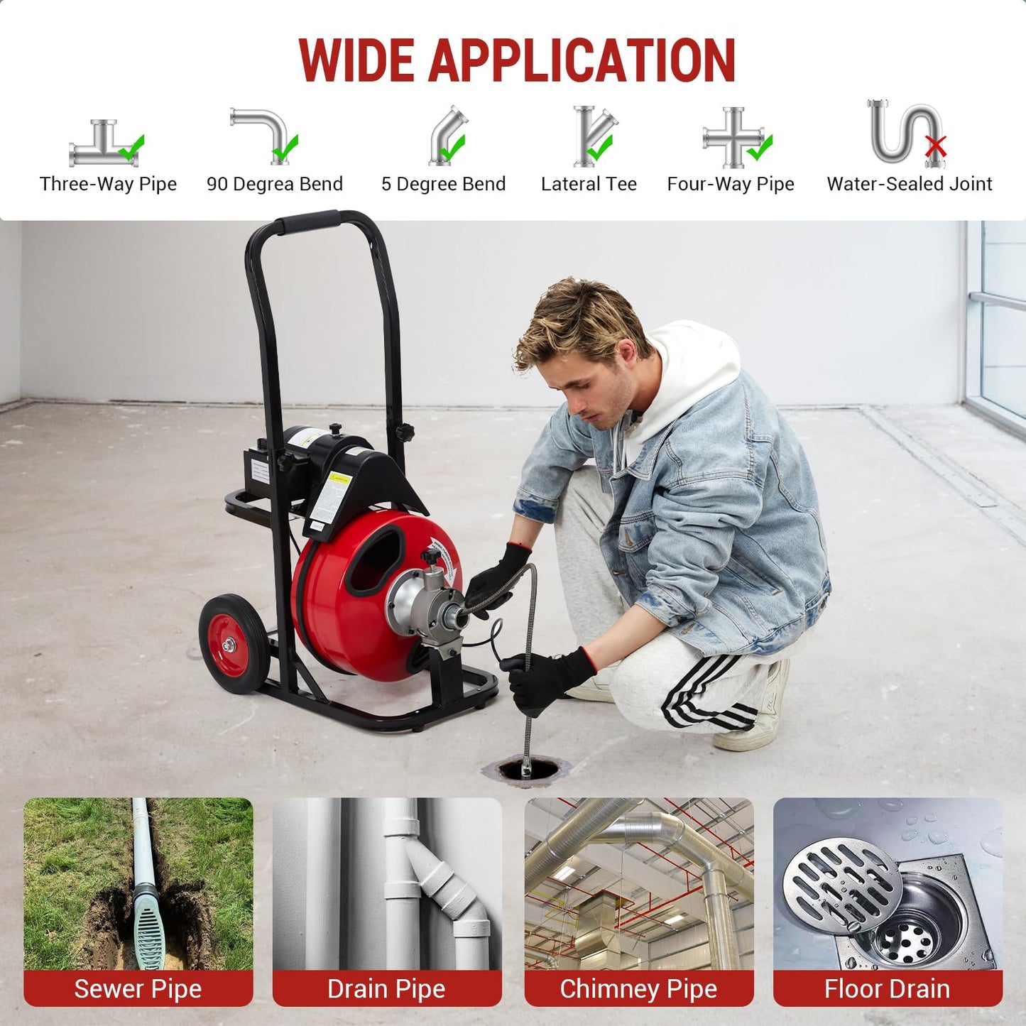 GarveeTech Auto Feed 75 ft x 1/2 in Drain Cleaner Machine with 250W Motor, Portable Sewer Snake Auger with 8 Cutters & Air-activated Foot Switch, Fits 1 in to 4 in Pipes, Black & Red