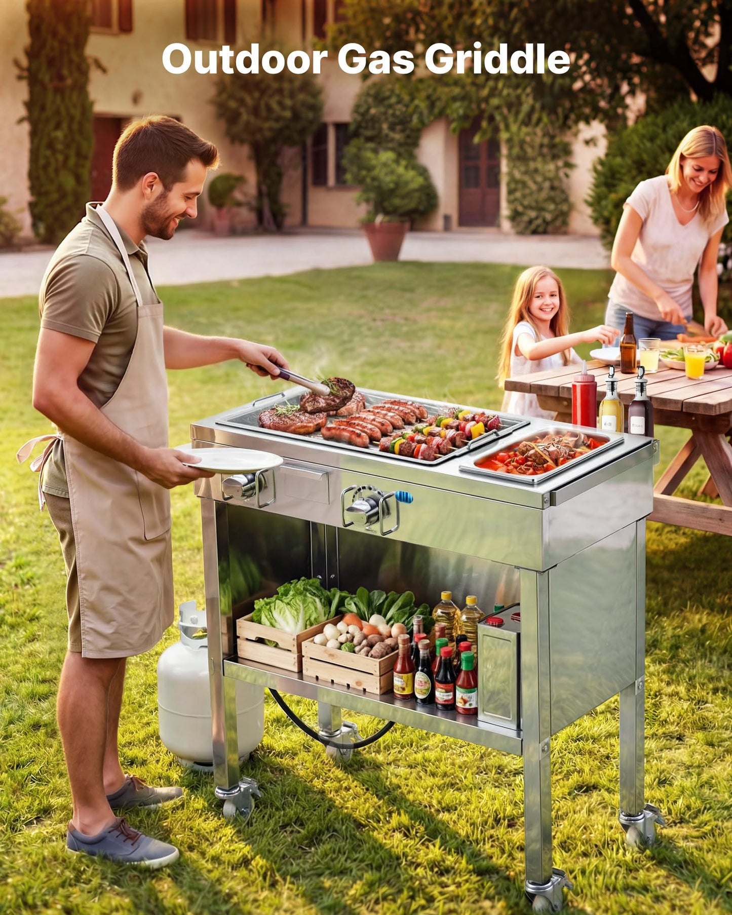 VEVOR Outdoor Propane Griddle, 2 Burners (11,600 BTU Each), Commercial Stainless Steel Gas Griddle Cart with 4 Lockable Wheels, 1/3 Food Pan, Easy-Grip Side Handle, Ideal for Hot Dogs, Burgers & Meats