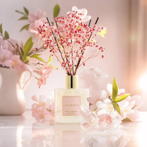 COCORRÍNA Reed Diffuser - Cherry Blossom Scented 6.7 Fl. Oz Set with Sticks & Baby's Breath Decor