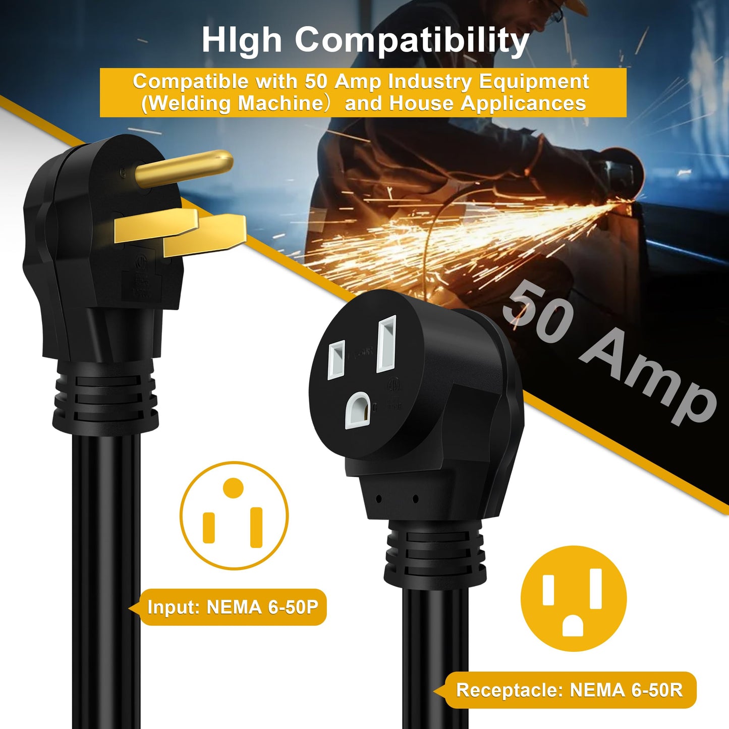 Welding Cord 6 AWG, 25FT, Welding Extension Cords 50 amp, 125V/250V Welding Power Cord NEMA 6-50P to NEMA 6-50R