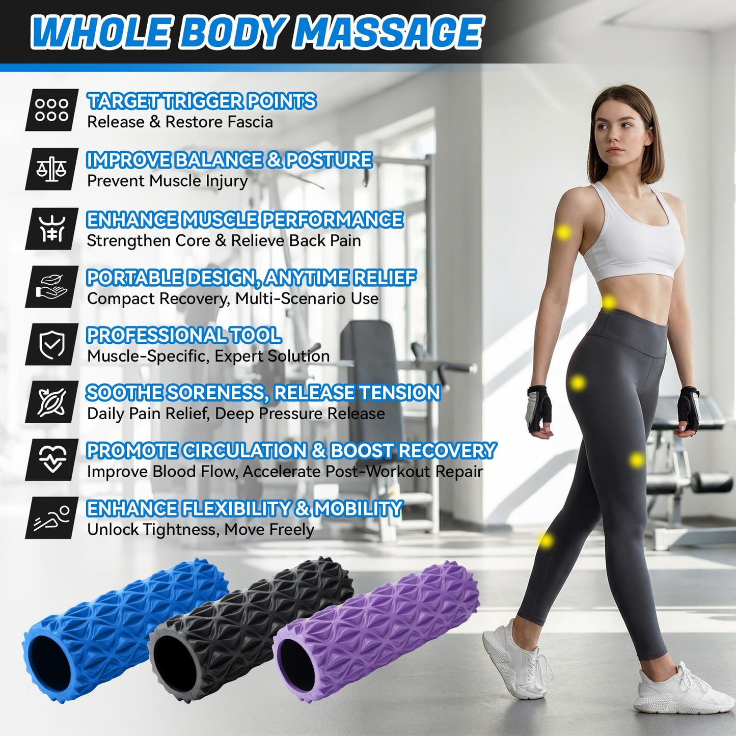 JOYVANTAGE Foam Roller for Deep Tissue Massager, 15" High Density Exercise Patented Roller for Muscle Massage and Myofascial Trigger Point Release Back Roller Improves Mobility (Blue)