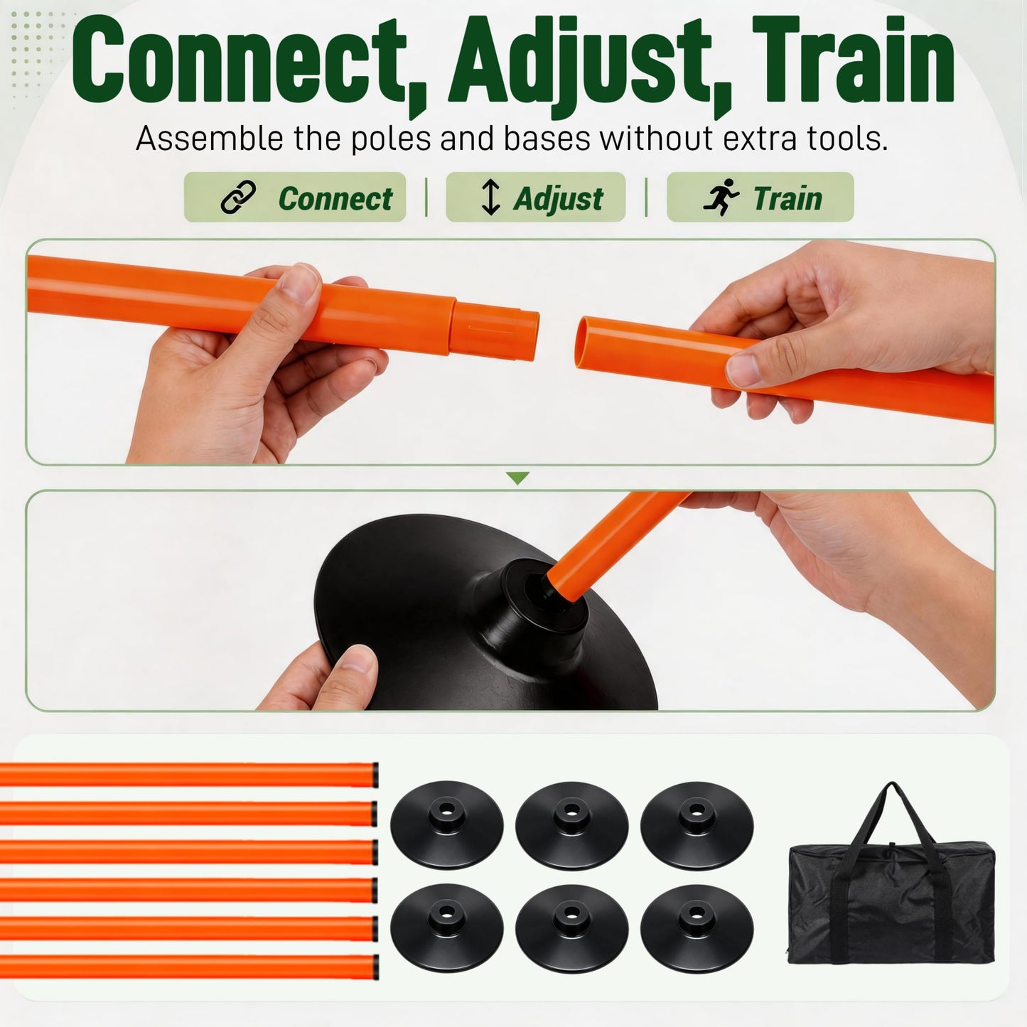 6 Pack Soccer Agility Training Poles, 5 FT Adjustable Speed and Agility Training Equipment for Football/Basketball/ Dog Practice, Bending Poles for Horses with Rubber Bases and Carry Bag (Orange)