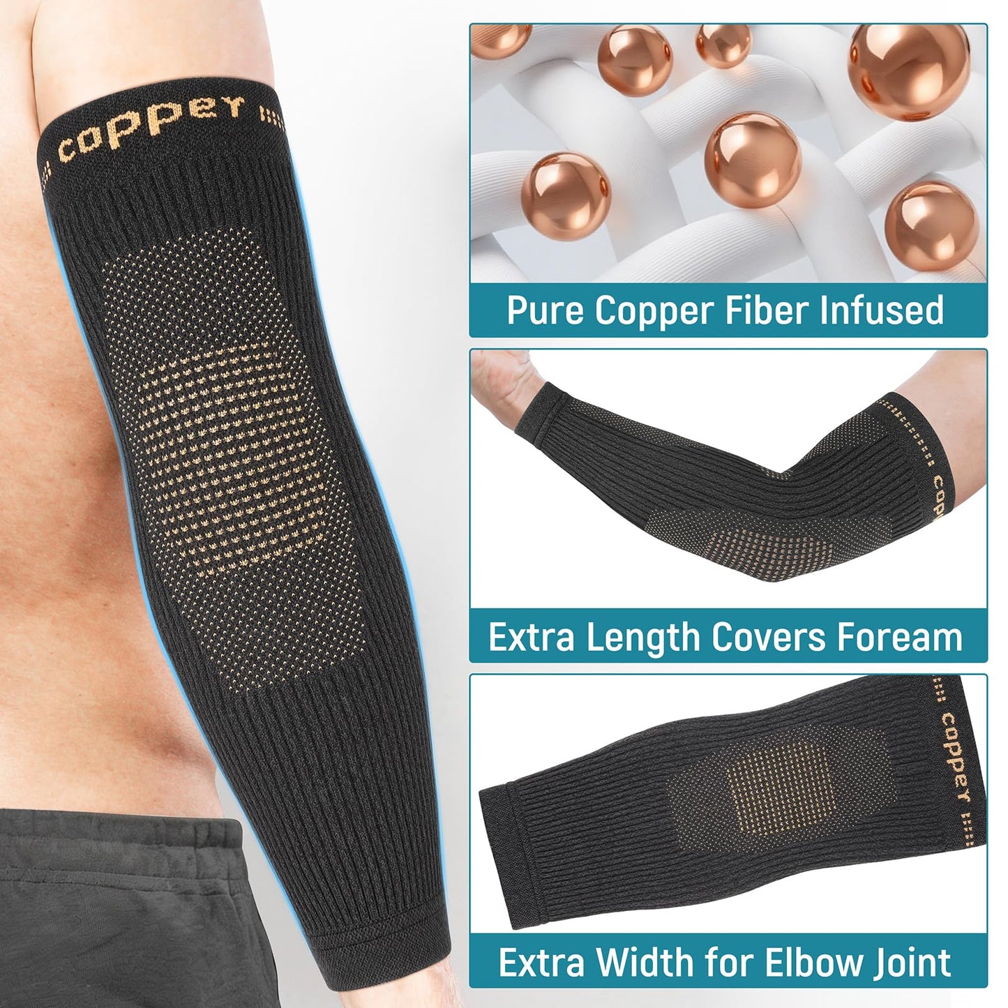 Vlela Copper Elbow Compression Sleeve - Tennis & Golfers Elbow Support Brace, Extends to Forearm for Complete Pain Relief, Wider Fit Hugs Joint, Medium