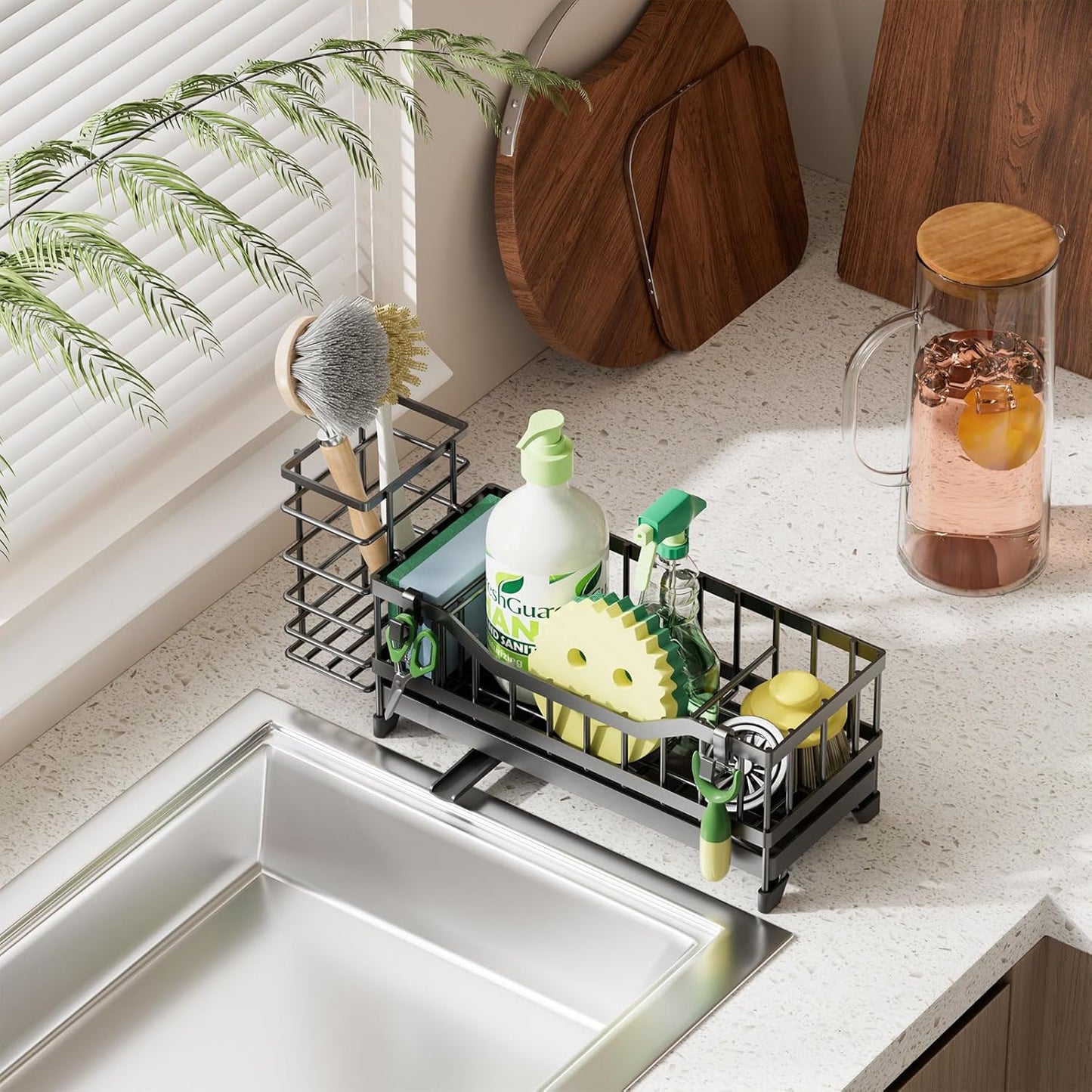 Skiennix Kitchen Sink Caddy - 304 Rustproof Stainless Steel Sponge Holder | Black Countertop Organizer