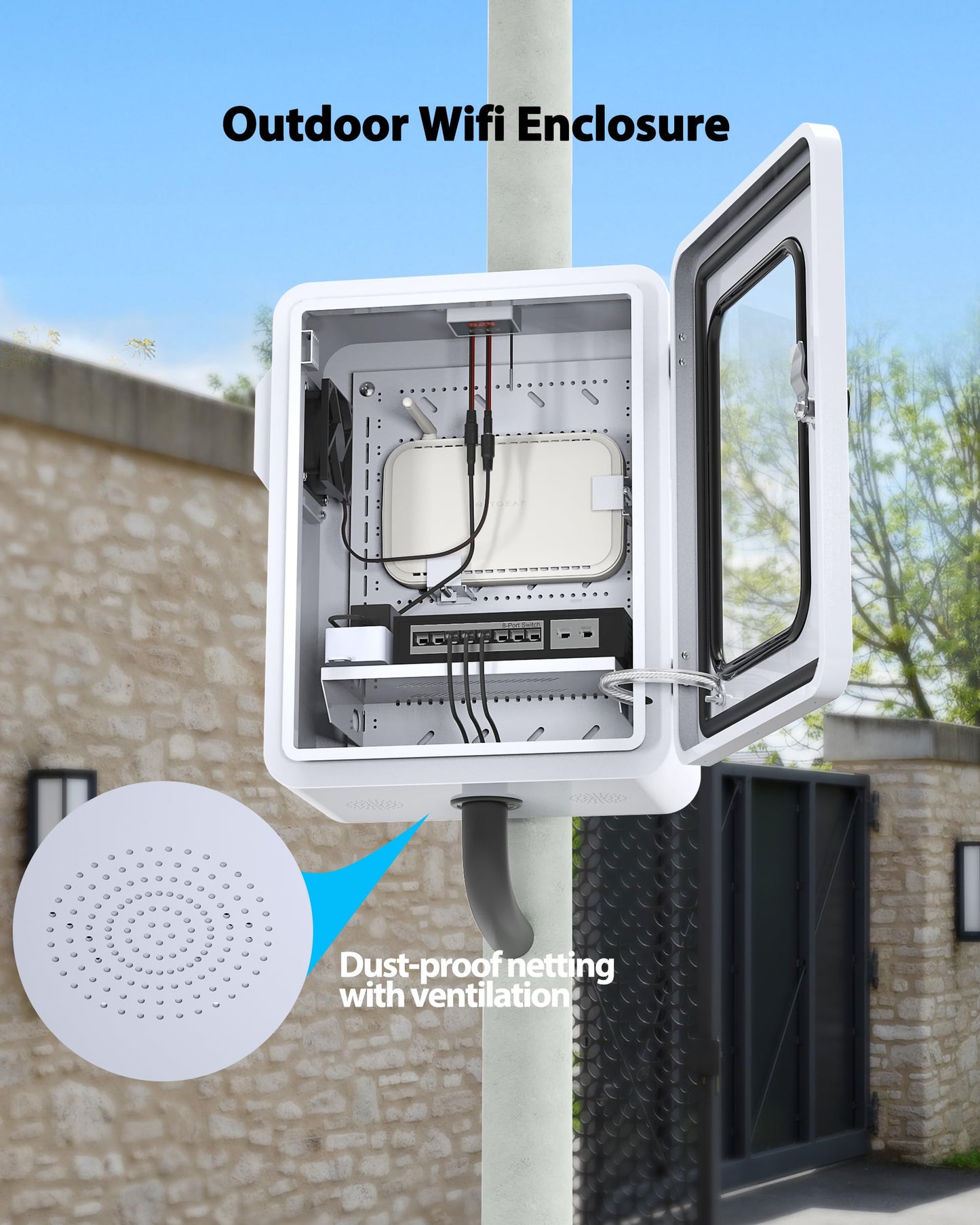 Akwscyby Outdoor Electrical Box with Clear Window and Thermostat and Fan, Precise Temperature Control 0.1°F, IP65 Water Resistant Rating, Galvanized Steel, Aluminum Rear Beam(17.7" x 13.8" x 7.9")
