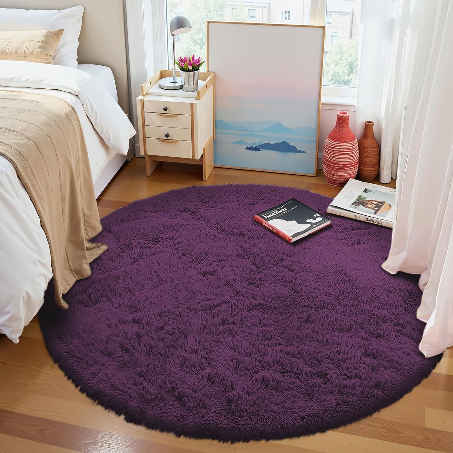 OLANLY Dark Purple Round Rug - Soft & Fluffy 4 ft Machine Washable Area Rug for Bedroom & Living Room Decor