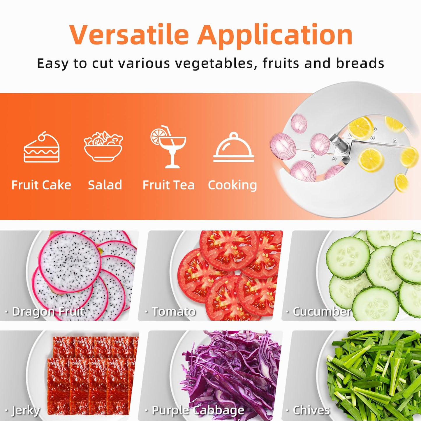 TERUISI Electric Vegetable Slicer, 120W Commercial Fruit Cutter Machine with 0-0.5'' Thickness Adjustable, Stainless Steel 2 IN 1 Manual & Electric Food Slicer for Lemon Potato Onion Tomato, 110V