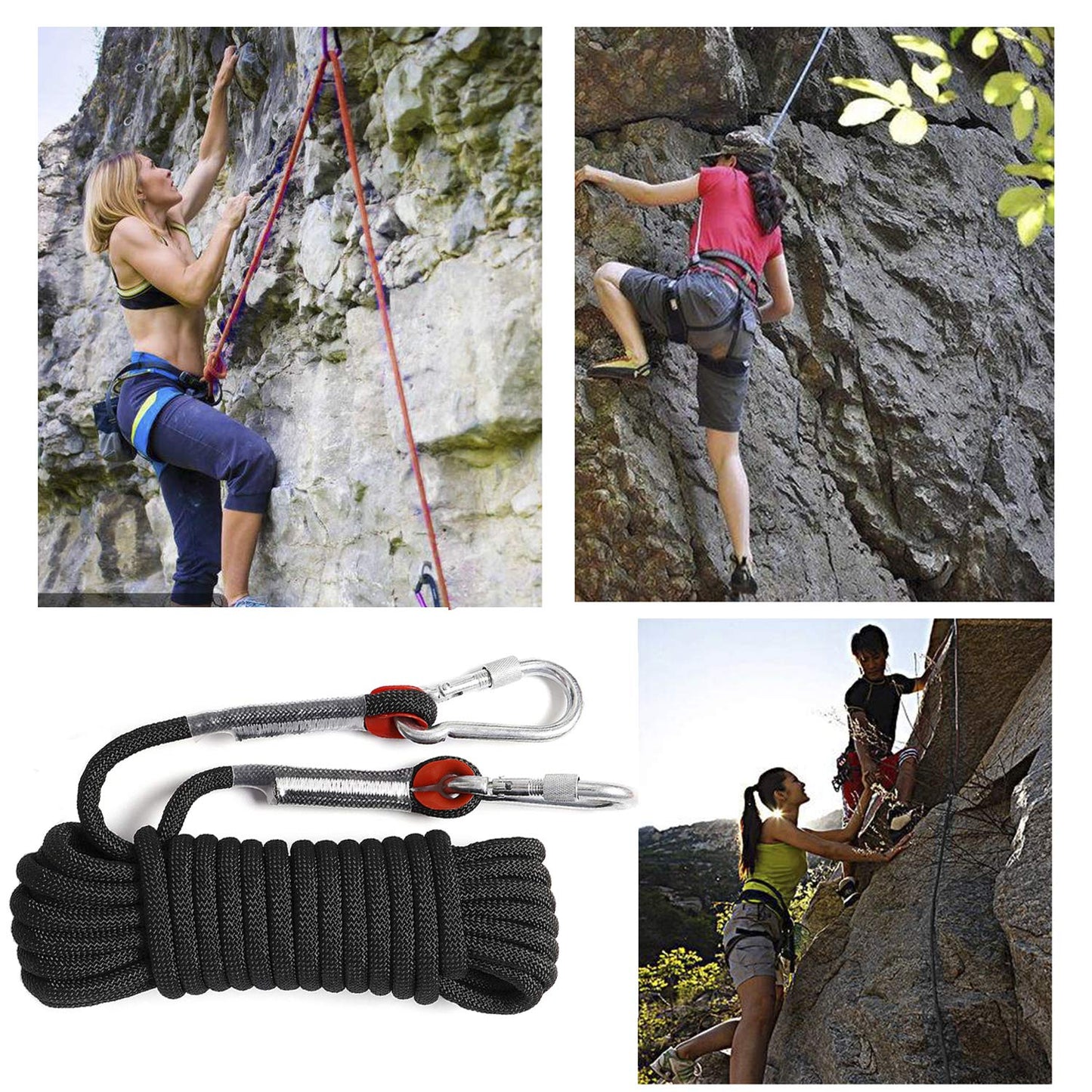 GINEE 10mm Rock Climbing Ropes 35FT Static Outdoor Safety Rope with Carabiner Arborist Tree Climb Rescue Grappling Lifeline Escape Descender Abseiling Rope Magnet Fishing Rope Black