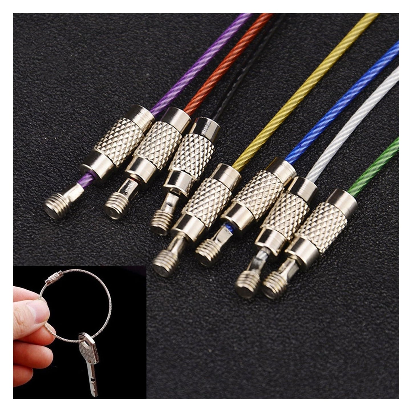 5Pcs Color Stainless Steel Keychain Holder Wire Keyrings Cable Rope Screw Locking Key Chain Outdoor Tools(Pink)