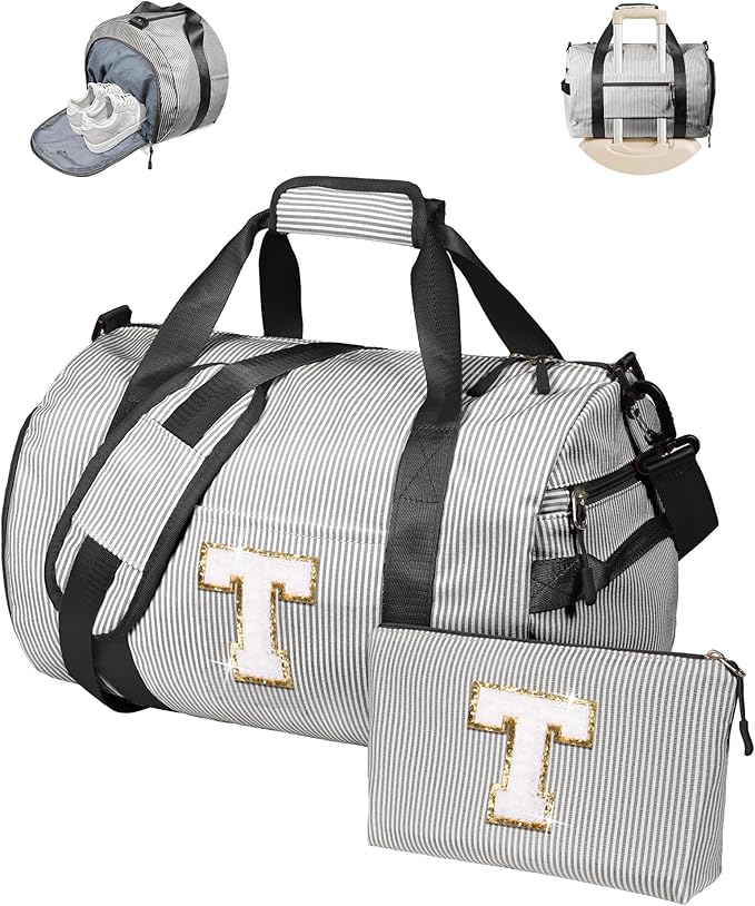 Dance Recital Gifts for Girls, Girl Gym Bag, Kids Monogram Overnight Duffel Bags with Shoe Compartment, Personalized Travel Bag with Makeup Pouch, Cheer Stuff for Daughter (Letter T)