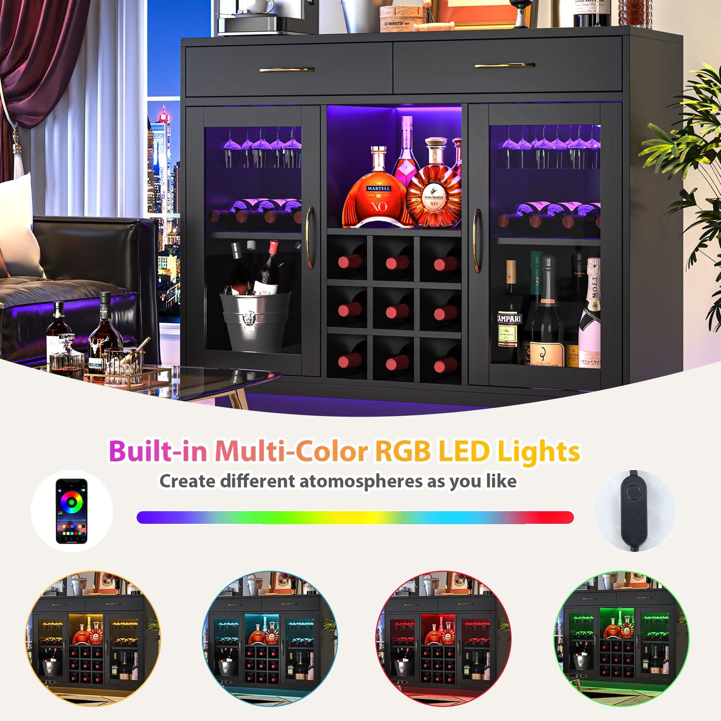 knoworld Wine Bar Cabinet with LED Lights, Coffee Bar Cabinet with Wine and Glass Rack, Black Bar Cabinet Liquor Cabinet, Kitchen Buffet Sideboard with Storage for Living Room, Dining Room