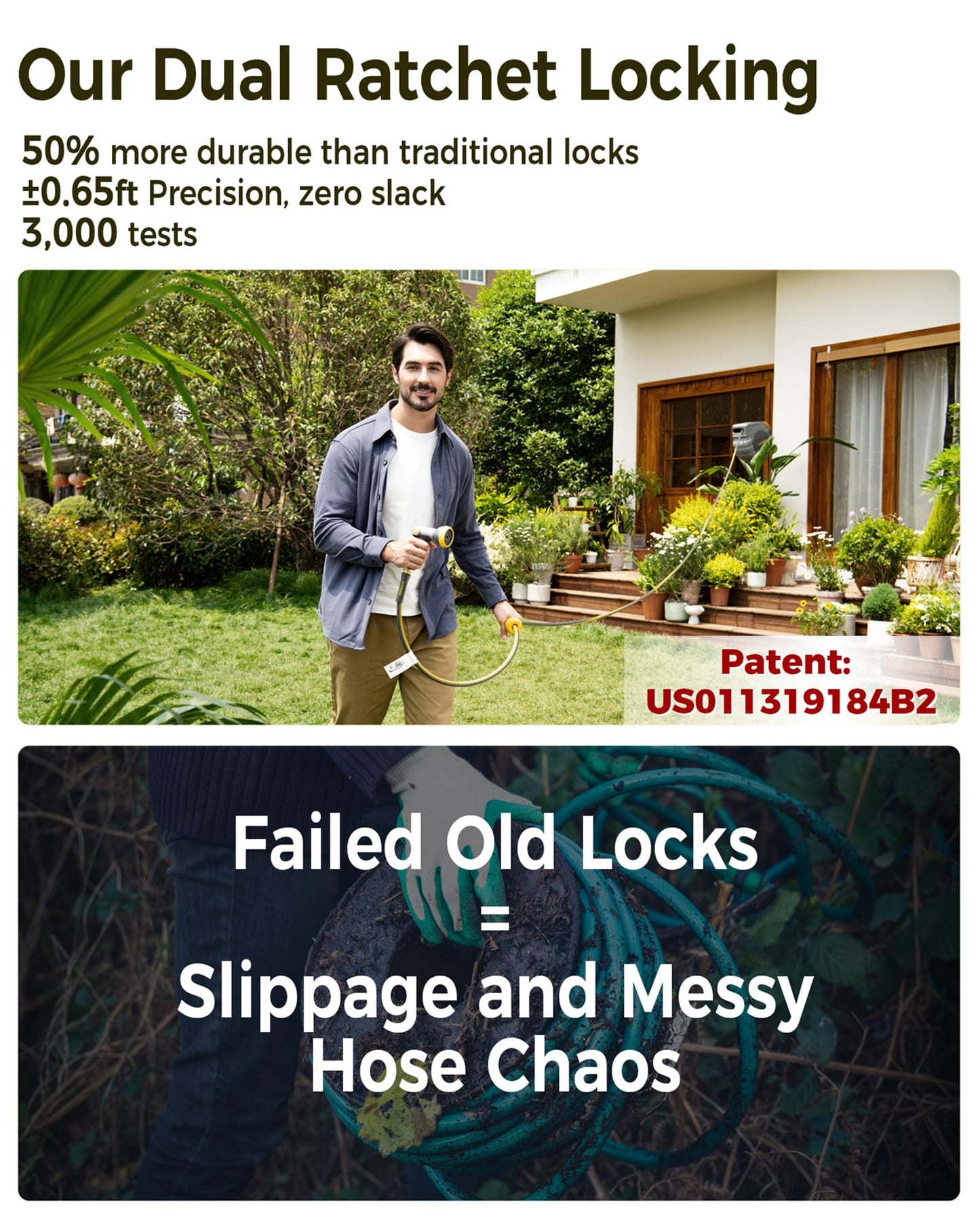 GLAHODEN Retractable Garden Hose Reel 1/2 in x 130 ft Upgraded UV Resistant Heavy Duty Automatic Hose Reel Wall Mount 3/4 in Brass Fitting 9 Pattern Nozzle Any Length Lock Slow Retraction