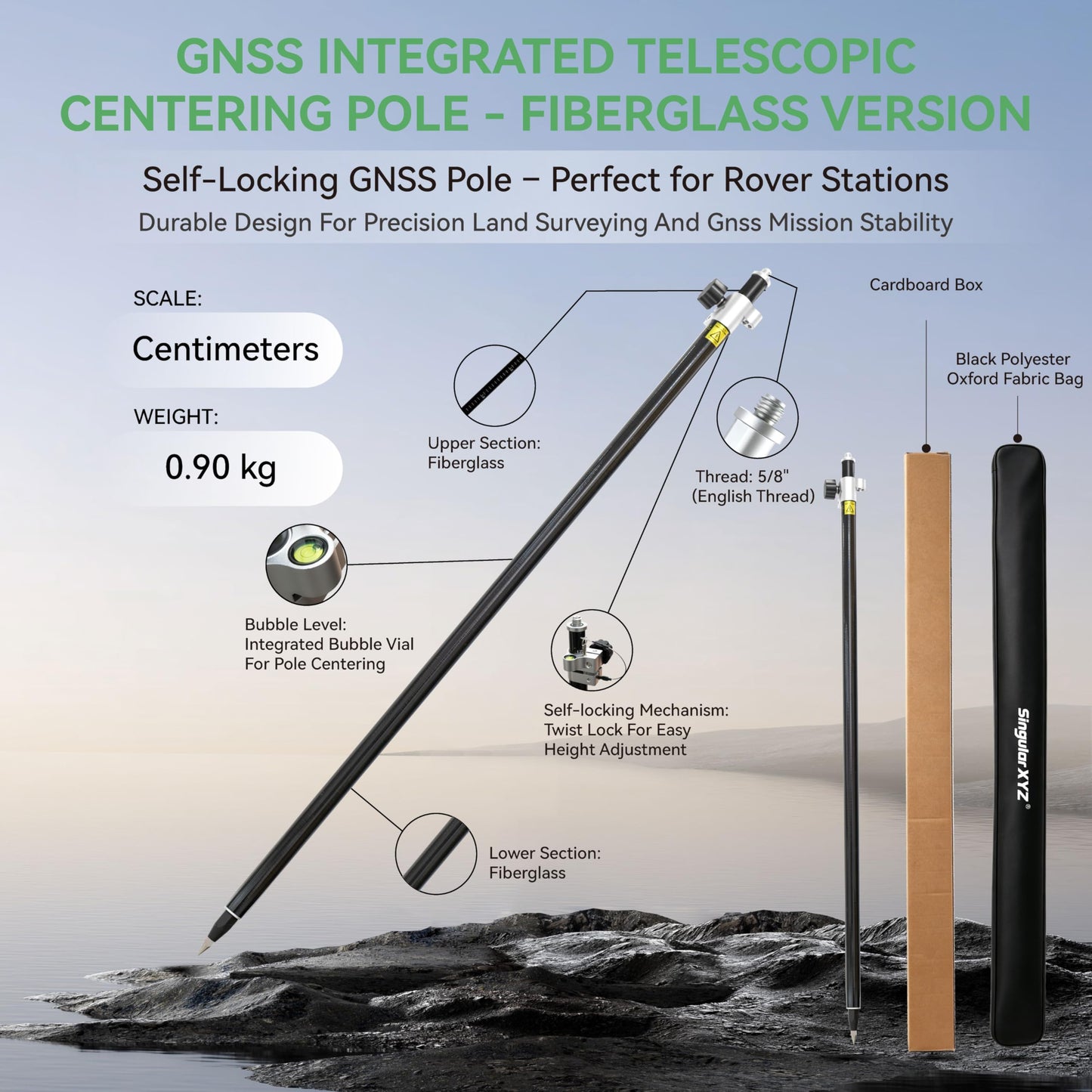 2.2 m / 7.22 ft Self-Locking Fiberglass GPS Survey Pole, GNSS Rover Rod Compatible with Trimble, 5/8″ Thread, 125–220 cm Adjustable, Twist-Lock, Lightweight Oxford Carry Bag for RTK Land Surveying