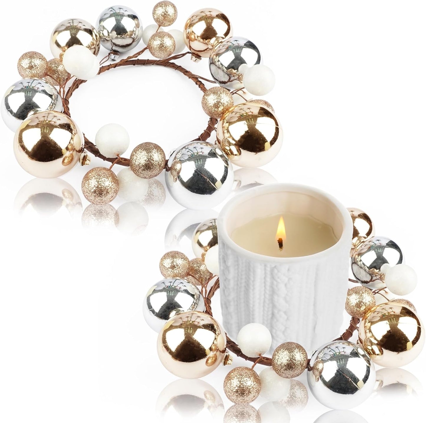 Regine Switzerland Christmas Ball Ornament Candle Rings - Gold & Silver Glitter | 3.2 Inch Candle Holders for Rustic Winter Decor