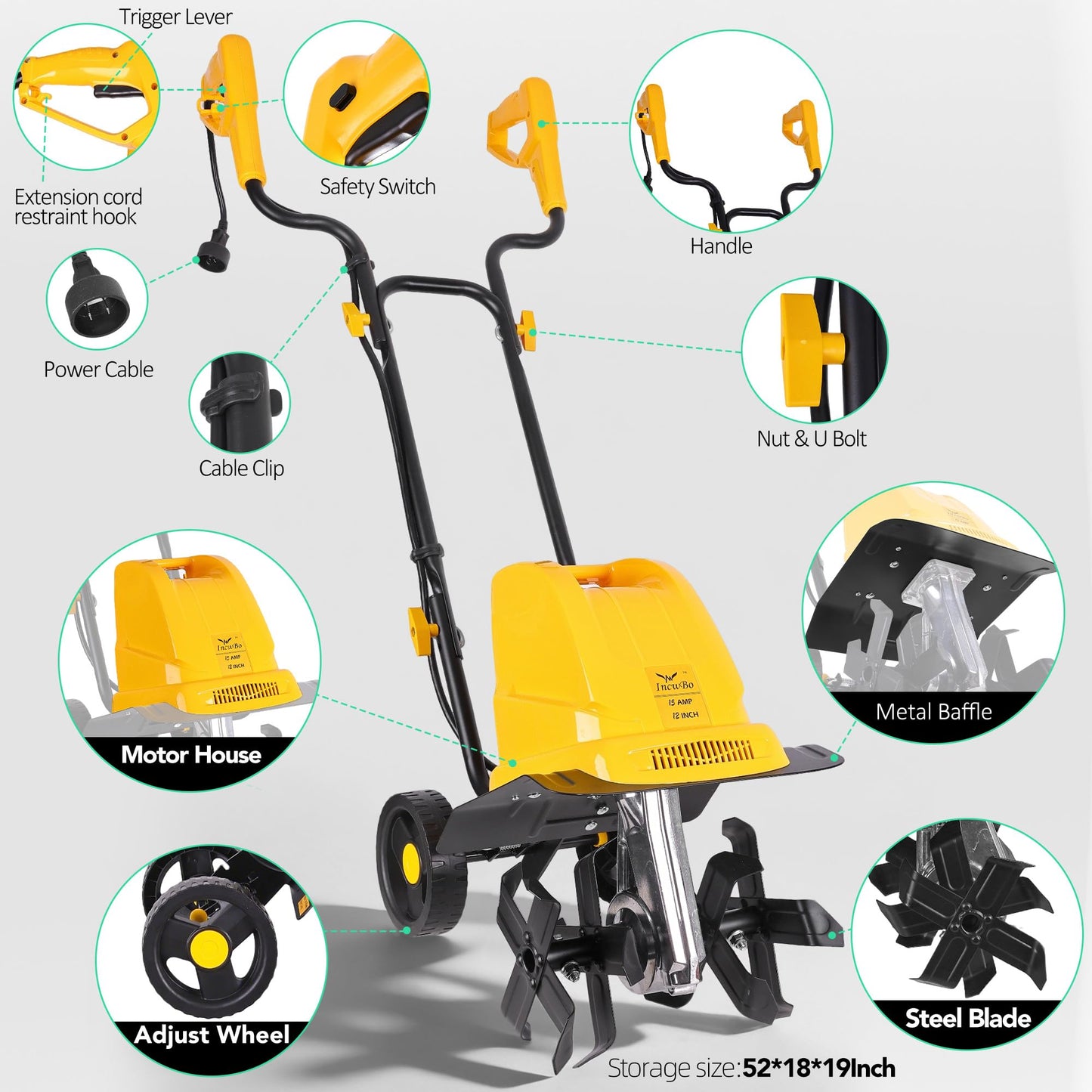 IncwBo Electric Tiller/Cultivator 4 Steel Tines, Garden Roto Tillers for Gardening, 15Amp 12 Inch Corded Rototiller with Adjustable Wheels