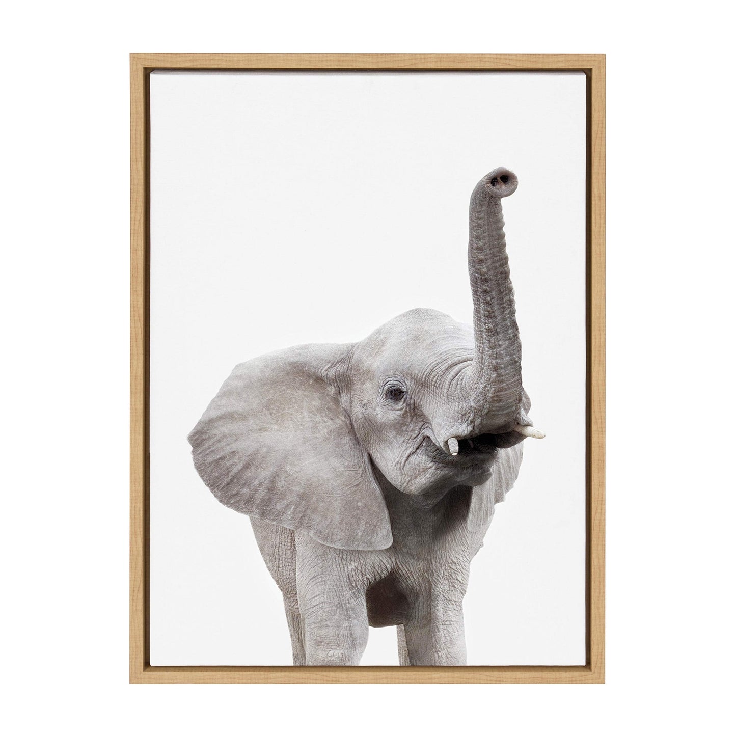 Kate and Laurel Sylvie Elephant with Raised Trunk Animal Print Portrait Framed Canvas Wall Art by Amy Peterson, 18x24 Natural