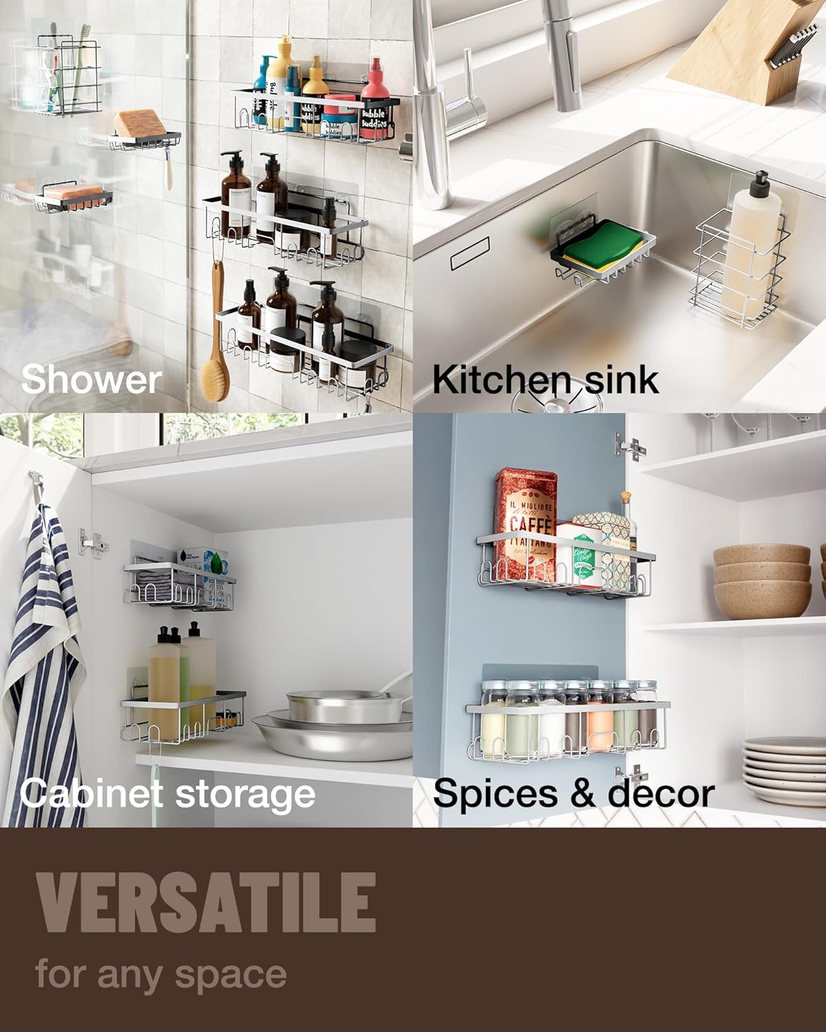 Veken Adhesive Shower Caddy - Heavy-Duty Wall-Mounted Organizer with Soap Dish & Toothbrush Holder | Silver, 5-Pack