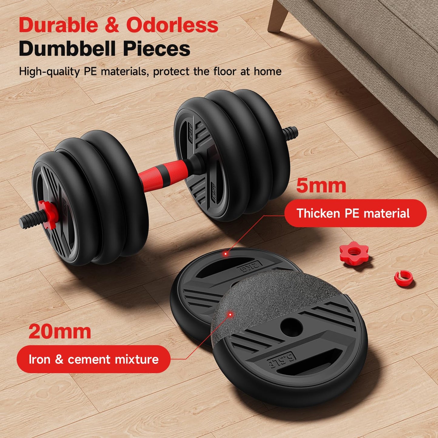 Cvonte Adjustable Dumbbell Set, 45lbs Free Weight Set With Double Locknut, 5-in-1 Dumbbells Set Includes Barbell, Kettlebells, Push up Stand, Fitness Exercise for Home Gym Suitable Men/Women