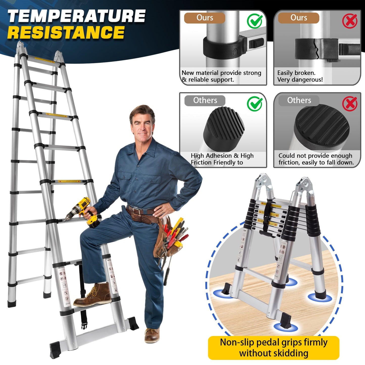 16.5 FT A-Frame Telescoping Ladder,8+8 Step Ladder,330LBs Load Capacity,Portable Extension Ladder Multi-Purpose Collapsible for Stairs Home Indoor Outdoor Roof (Silver, 5M(2.5m+2.5m)/16.5FT A Frame)