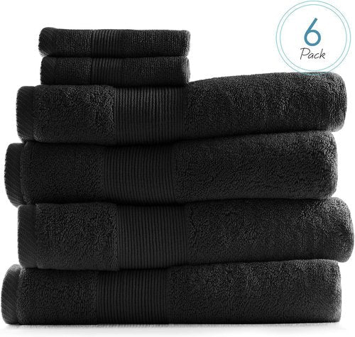 Hearth & Harbor Bath Towels - Luxurious 100% Ring Spun Cotton Set of 6 - Ultra Soft & Highly Absorbent | Black