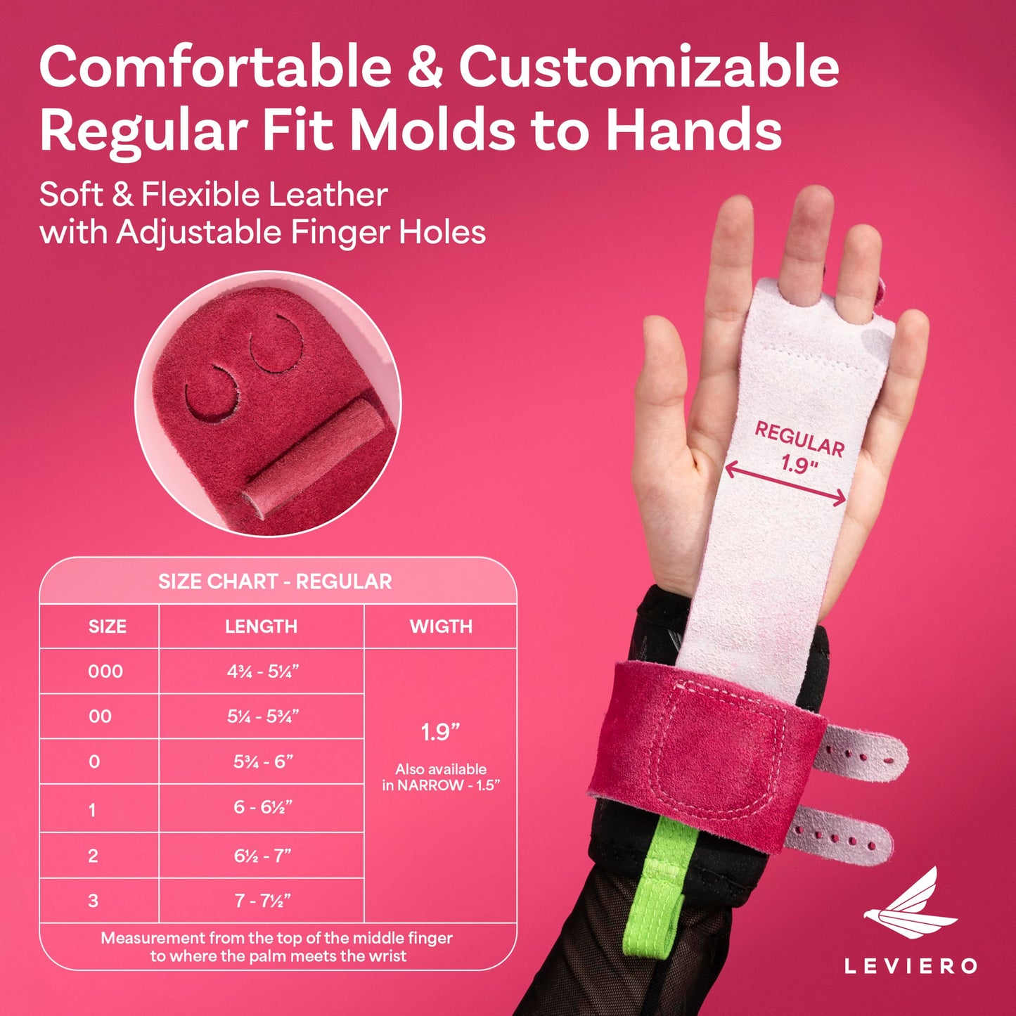 LEVIERO Gymnastics Grips Set, Grips for Gymnastics Girls, Dowel Grips with Soft Leather, Double Buckle Wrist Closure, and Adjustable Finger Holes, for All Ages - (Pink, 000)