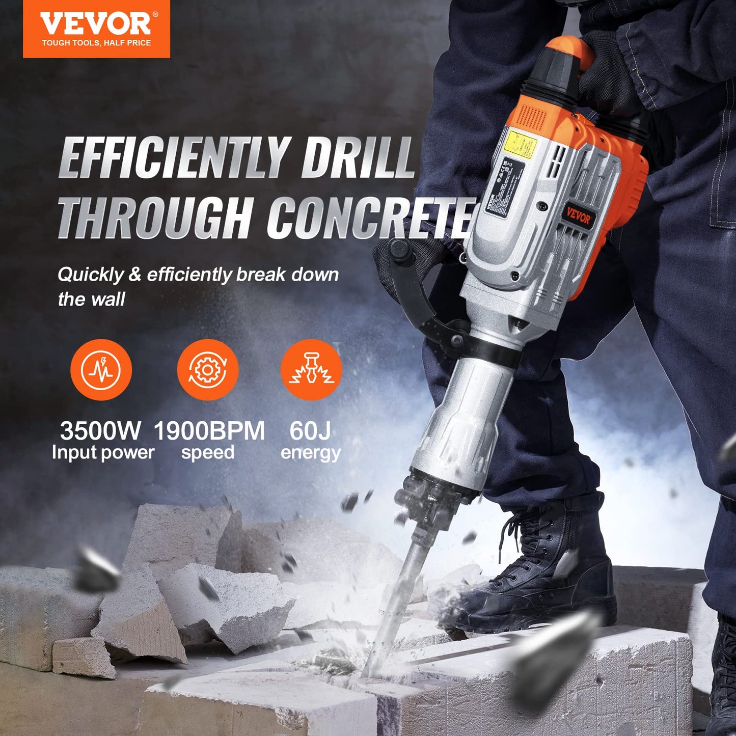Evolution R300DCT+ 12" Concrete Saw with Dust Suppression & VEVOR 3500W Jack Hammer Concrete Breaker with Chisels, Gloves & Case