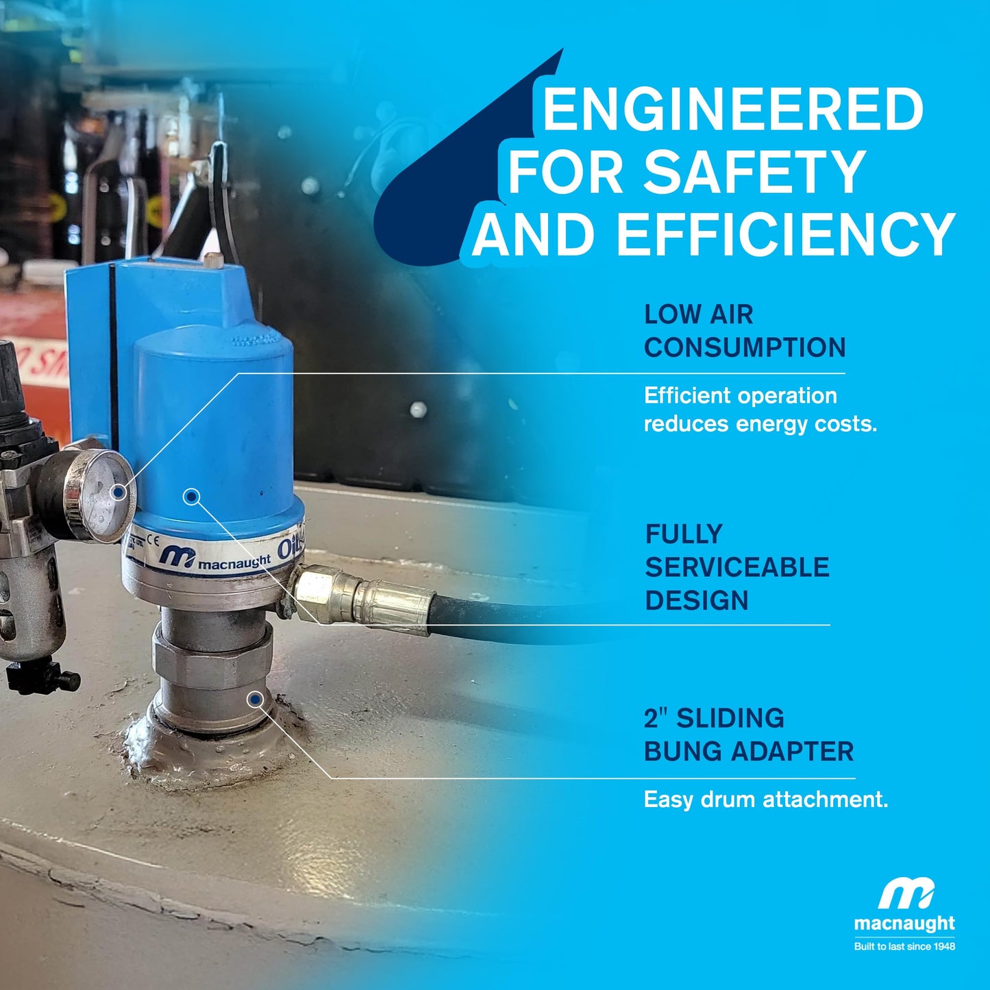 Macnaught Ratio 5:1 Air Operated Pneumatic Oil Transfer Pump. Engine and gear oils up to SAE140, auto trans, hydraulic fluid and anti-freeze/anti-boil (NOT for Gasoline or Diesel)