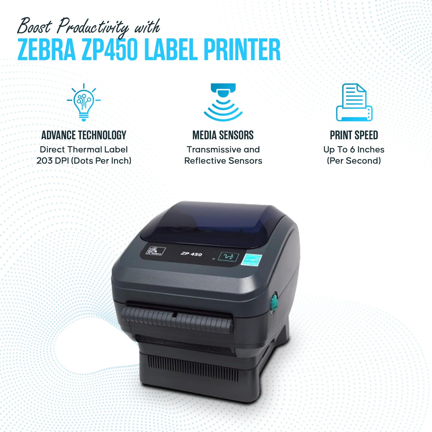 ZP450 Zebra Direct Thermal Label Barcode Printer with USB 2.0 Cable & 3 Prong Cord - USB, Serial and Parallel Connectivity 203 DPI (Renewed)