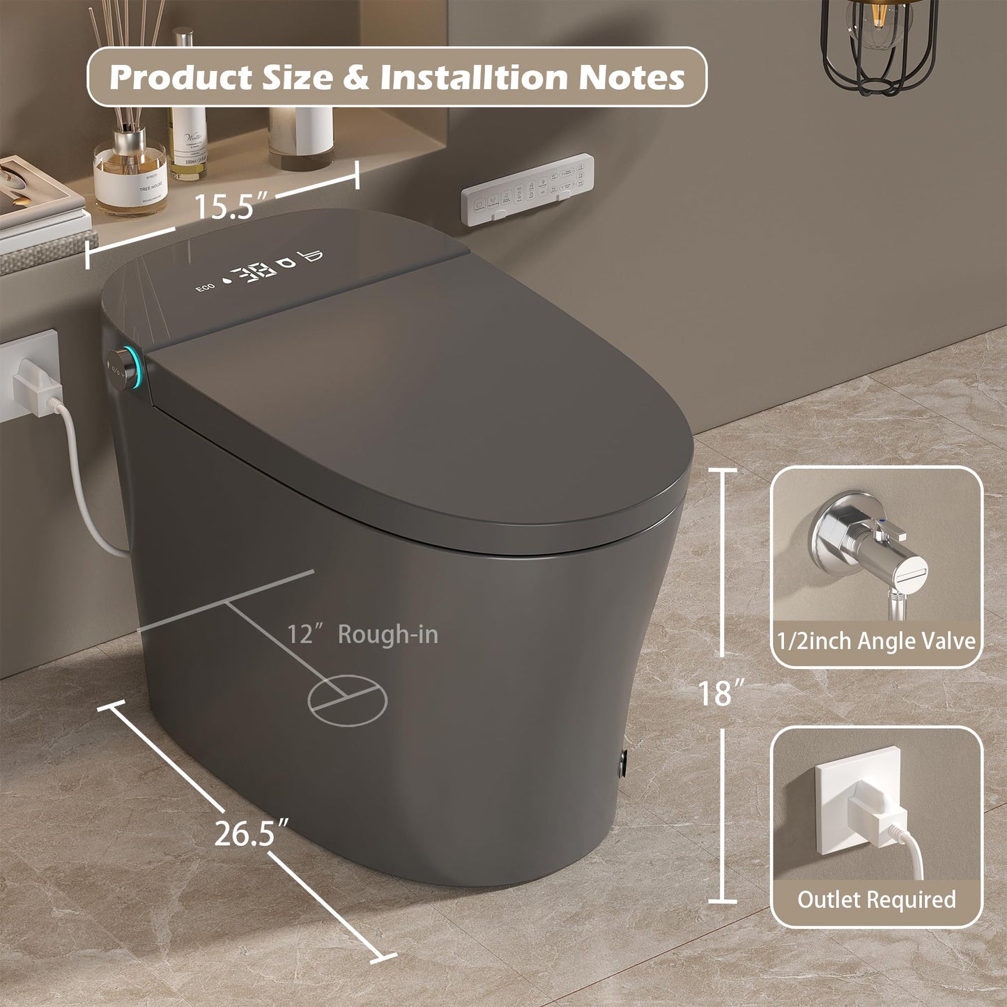 WinZo Smart Toilet with Bidet Built in, ADA One-Piece Toilet Auto Open/Close & Flush, Heated Seat, Front & Rear Wash, LED Display, Night Light, 12-inch Rough-in (Matte Grey)
