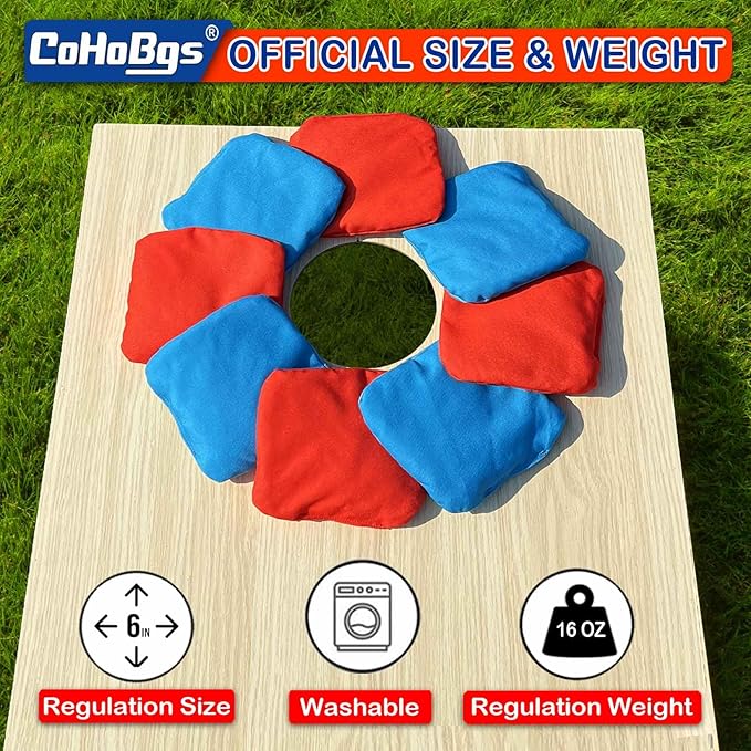 CoHoBgs Corn Hole Bags Set 8, Professional Cornhole Bags Dual-Sided Slick & Stick Resin Filled Suede and Duck Canvas Bean Bag for Cornhole Game Includes Carry Case