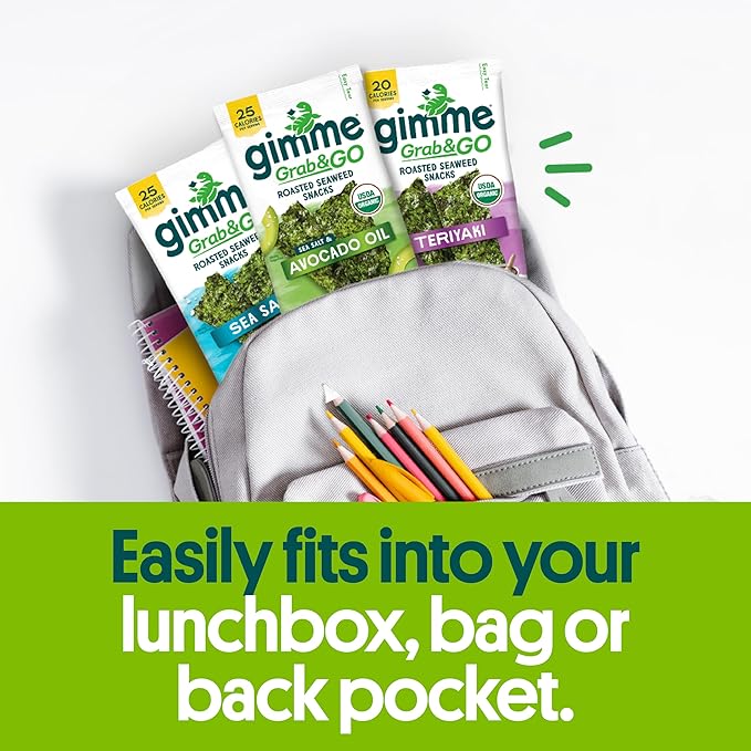 Gimme Seaweed Grab & Go Organic Premium Roasted Seaweed Snacks, Sea Salt & Avocado Oil, 5 Count Trayless, Keto, Vegan, Gluten-Free, Source of Omega3s, Healthy On-The-Go Snack for Kids & Adults