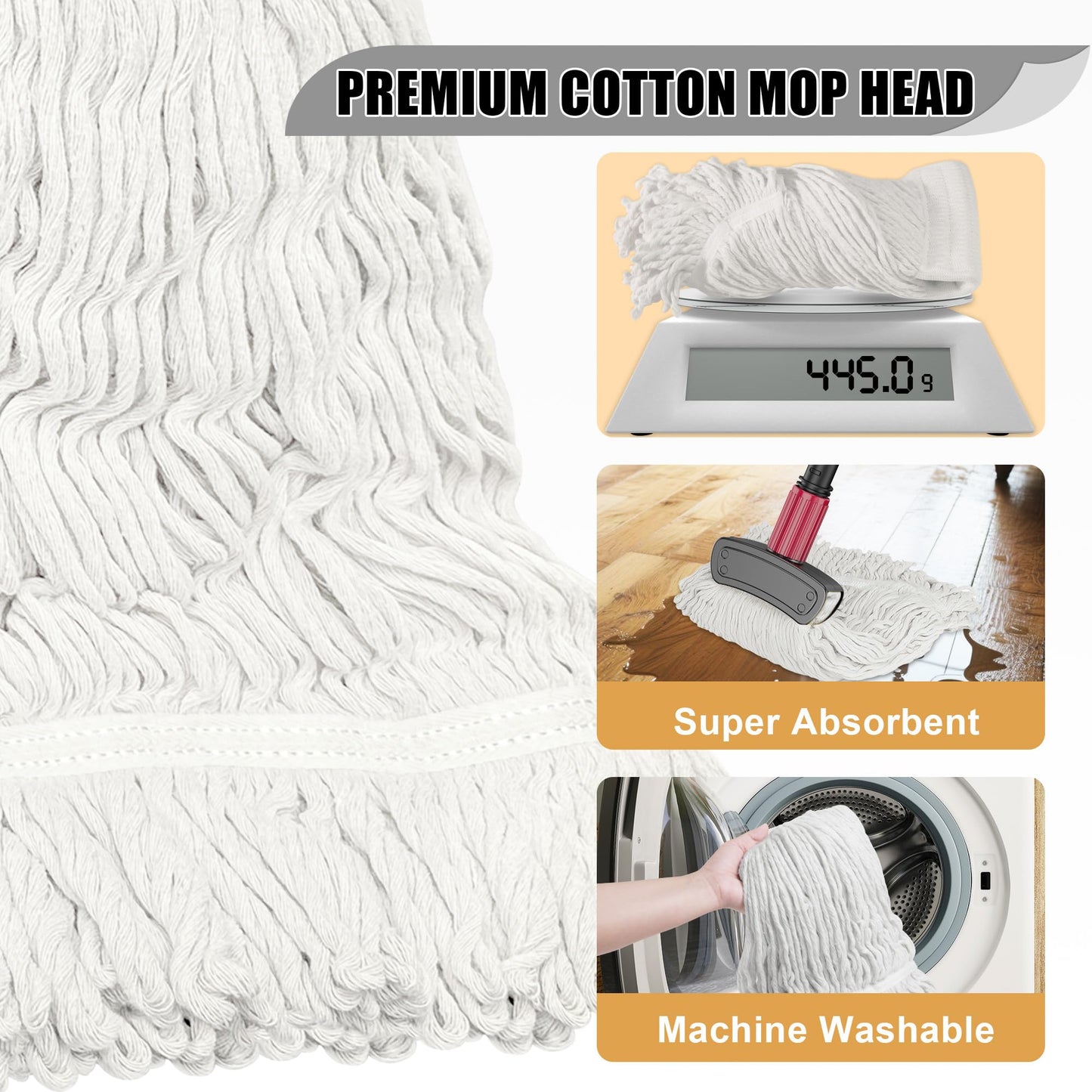 IOPRETTY Commercial Mops for Floor Cleaning - Looped-End Heavy Duty Wet Mop with Long Handle for Hardwood Wood Tile Vinyl - Reusable Cotton Head for Home Garage Kichen Bathroom