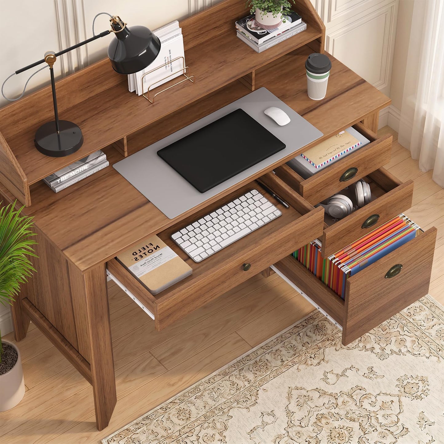 4 EVER WINNER Desk with Drawers, 47'' Small Desk with Monitor Stand and File Drawer, Computer Desk with Storage for Bedroom, Living Room, Small Spaces, Walnut