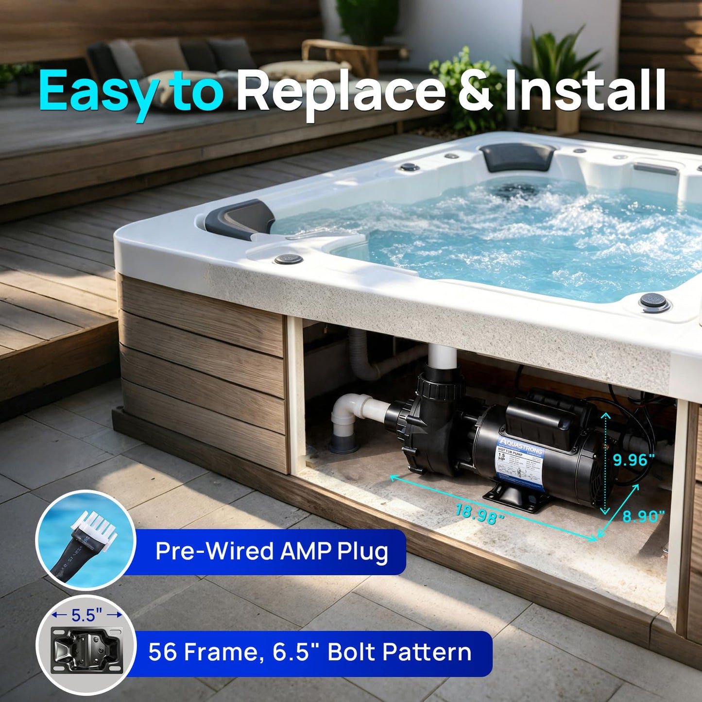 Aquastrong SPA Pump, Dual Speed Hot Tub Pump, Pure Copper Motor, Low Noise, Easy Installation with 1.5" & 2" Adapters, 90° Rotating Inlet & Outlet, Compatible with Hot Tubs & Spa Systems, Grey